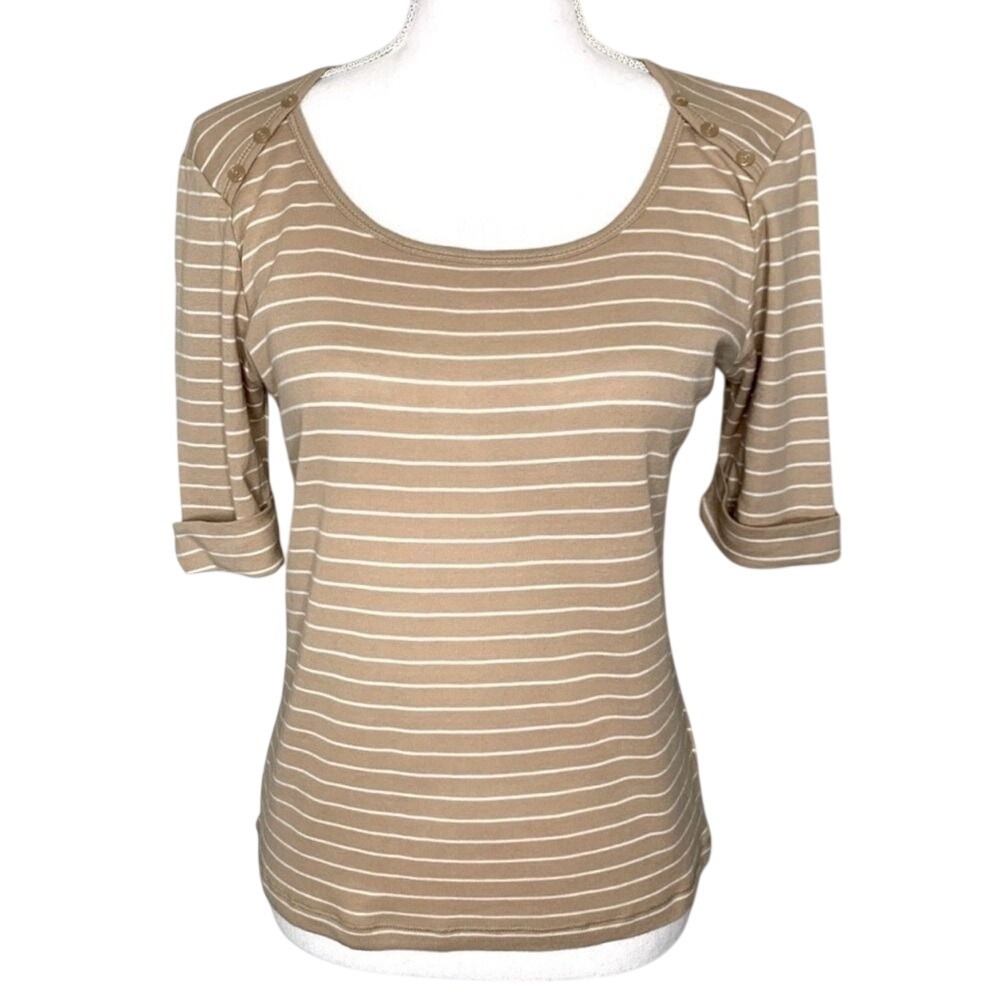 Jones New York Sport Tan and White Stripe Top Women Petite Small 100% Cotton